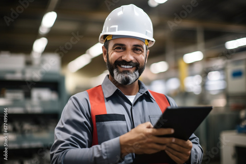 Portrait of Happy bearded technician in safety helmet holding digital tablet