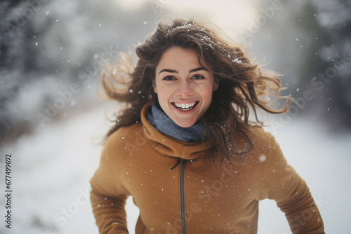 Portrait of Happy young woman running in winter