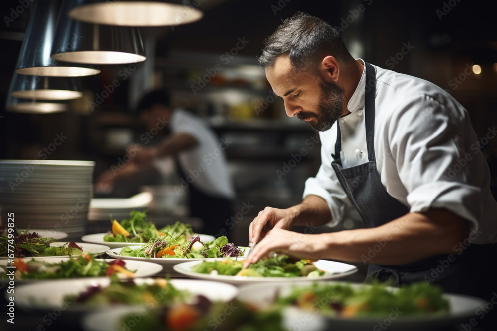 Portrait of Professional chef checks dish just before serving it to customer in restaurant Portrait of Professional chef checks dish just before serving it to customer in restaurant