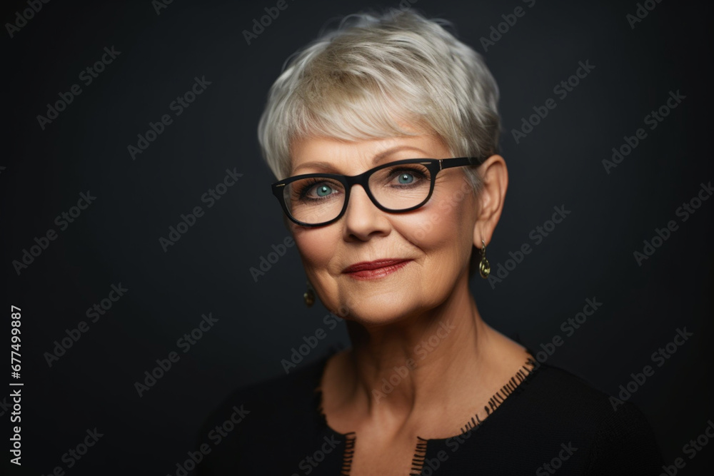 Portrait of senior woman wearing eyeglasses on dark background, Mature caucasian woman with short hair staring at camera Portrait of senior woman wearing eyeglasses on dark background, Mature caucasian woman with short hair staring at camera