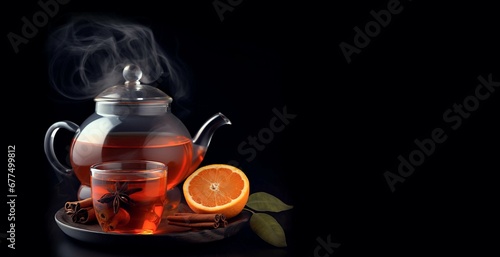 Teapot and a mug with freshly brewed orange tea made of transparent glass against black background.