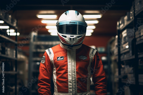 Portrait of Racer holding helmet in garage © alisaaa