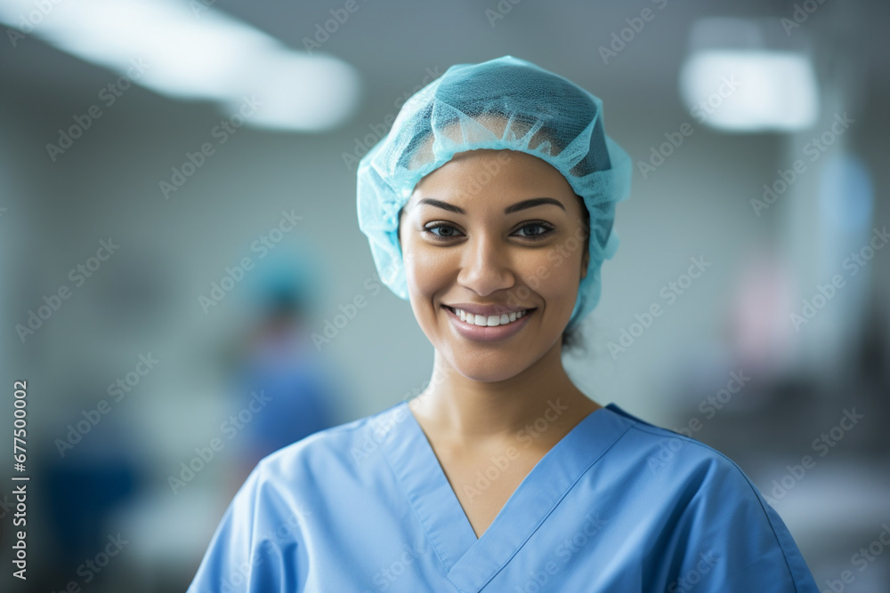 Portrait of smiling female surgical nurse wearing blue surgical cap and scrubs Portrait of smiling female surgical nurse wearing blue surgical cap and scrubs