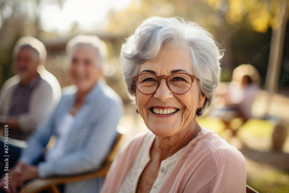 Portrait of smiling senior woman sitting with family at park Portrait of smiling senior woman sitting with family at park