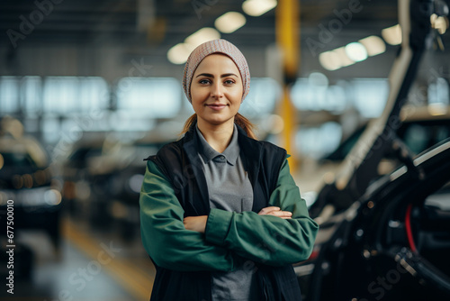 Portrait of smiling female supervisor with arms crossed in automobile industry, Confident technologist is standing on elevated walkway at factory, She is wearing jacket at car plant