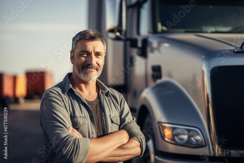 Portrait of Truck driver in front of his truck, About 45 years old, smiling Caucasian mature adult man