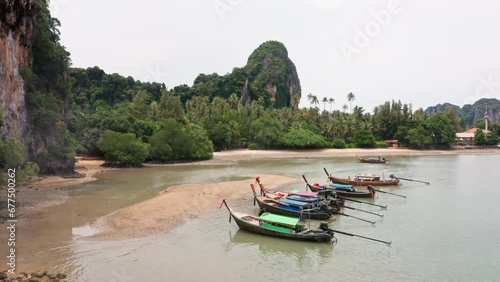 Wallpaper Mural Aerial View of Long Tail Boats Docked at Railay Beach in Krabi, Thailand. 4K Drone Torontodigital.ca