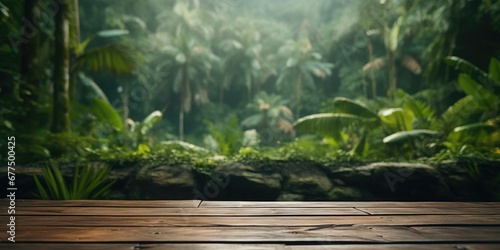 Wooden table in the background in the jungle  There is space to place products.