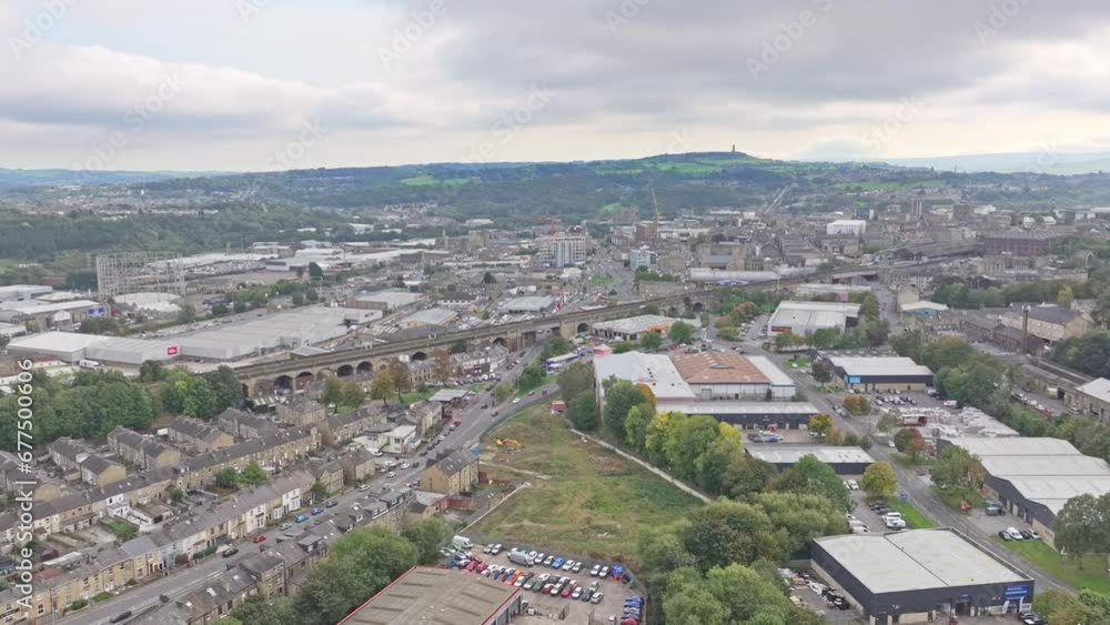 Panoramic aerial establishing view of Huddersfield on cloudy day Panoramic aerial establishing view of Huddersfield on cloudy day