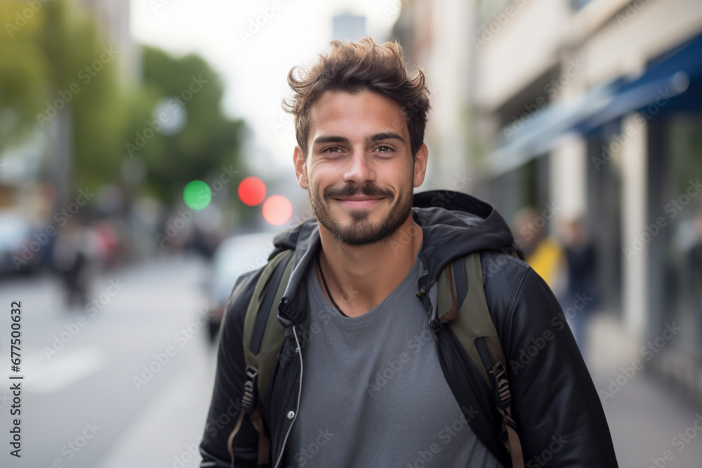 portrait of Young man looking at the camera with a big smile while in the city street, He is carrying a shoulder bag portrait of Young man looking at the camera with a big smile while in the city street, He is carrying a shoulder bag