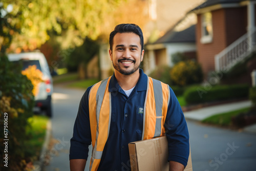 Portrait of young hispanic man delivering packages in a residential neighborhood