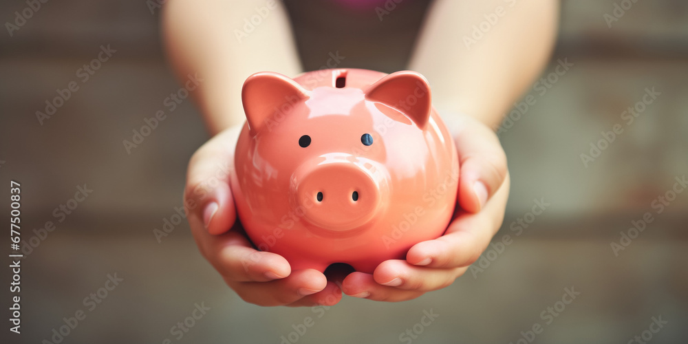 Kid hand holding pink piggy bank, saving money or finance concept Kid hand holding pink piggy bank, saving money or finance concept