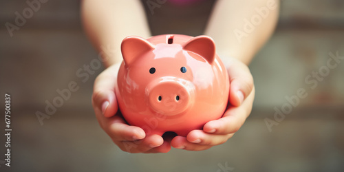 Kid hand holding pink piggy bank, saving money or finance concept photo