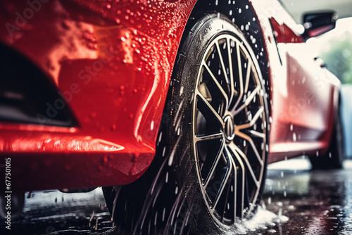 Red Sportscar's Wheels Covered in Shampoo Being Rubbed by a Soft Sponge at a Stylish Dealership Car Wash, Performance Vehicle Being Washed in a Detailing Studio photo