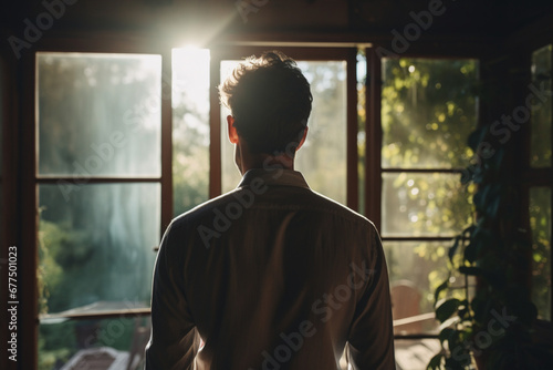 Rear view of adult man standing beside window with sunlight and shadow © alisaaa