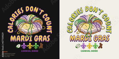 Carnival fun Mardi Gras label with traditional king cake, fleur de Lis sign, text. For prints, clothing, t shirt, surface design. Vintage illustration with editable font style. Not AI