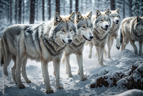 a pack of wolves in snowing forest