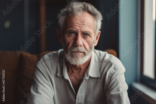 Sad widowed senior man with pensive look seated at home