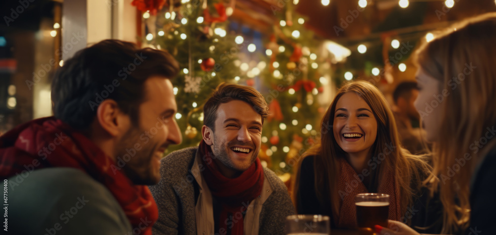 Christmas Cheer with Friends sharing drinks in a cozy bar adorned with Christmas decorations, capturing the essence of holiday togetherness and cheer.