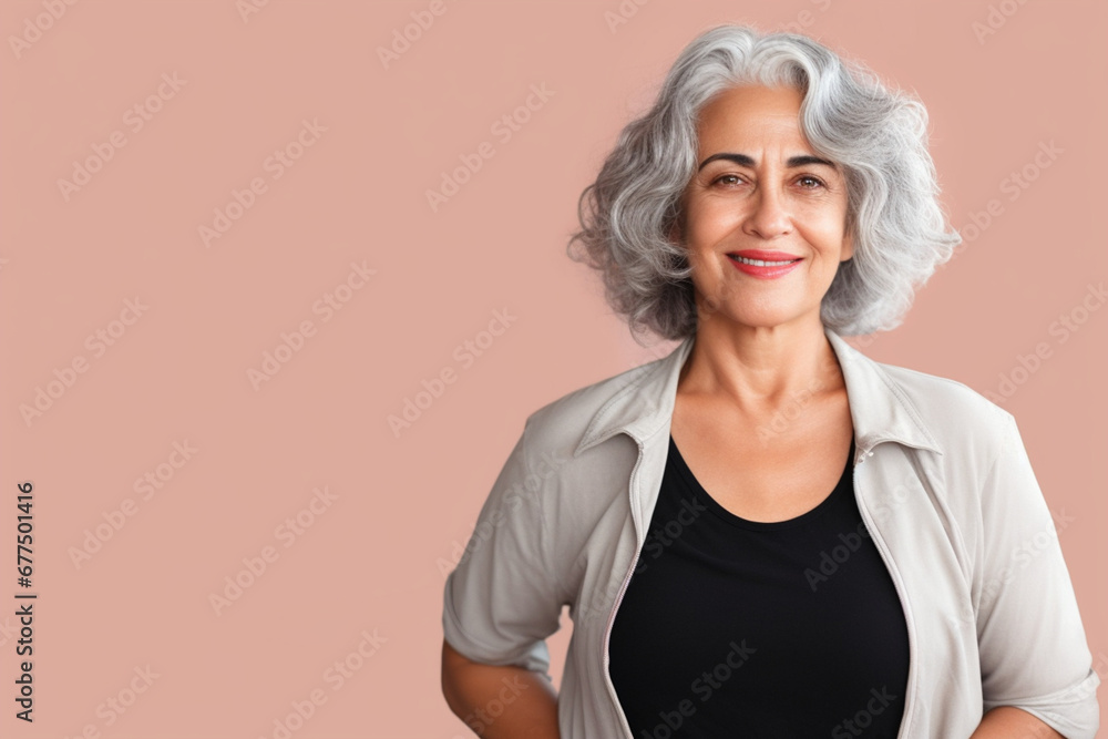 Senior woman with gray hair wearing casual clothes with a happy and cool smile on face, lucky person Senior woman with gray hair wearing casual clothes with a happy and cool smile on face, lucky person