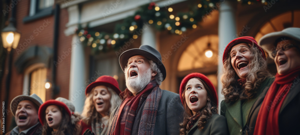 A festive group of carolers spreading holiday cheer with their melodies in front of a beautifully decorated house.