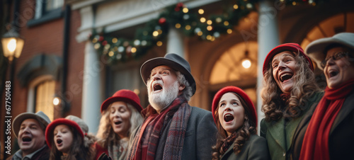 A festive group of carolers spreading holiday cheer with their melodies in front of a beautifully decorated house.