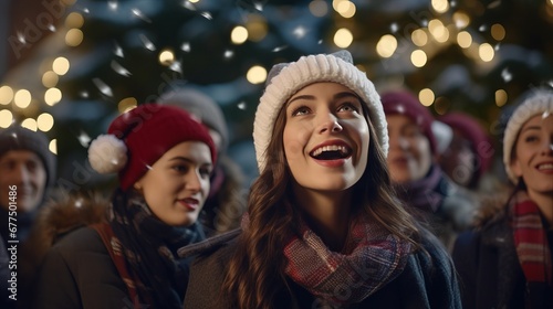 A group of friends, bundled up and basking in the glow of twinkling Christmas lights, embody the joy and warmth of the holiday season.