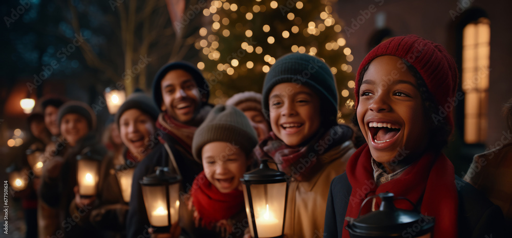 A festive group of kids, holding glowing lanterns, spread holiday cheer through song on a winter’s night.
