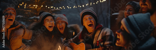 Friends enjoying a cozy winter gathering around a campfire, under the glow of string lights, in a snowy forest setting.
