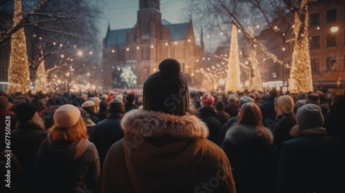 A festive gathering of people on a city street during a winter night, with a beautifully lit church in the background.