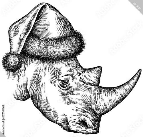 Vintage engraving isolated rhinoceros set dressed christmas illustration ink santa costume sketch. Africa background rhino silhouette new year hat art. Black and white hand drawn vector image