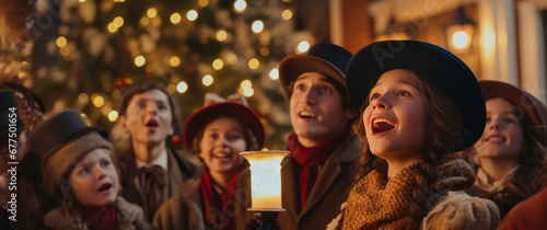 Carolers in Christmas Eve  holding candles, singing melodious Christmas carols in front of a beautifully adorned tree, encapsulating the spirit of Christmas. photo