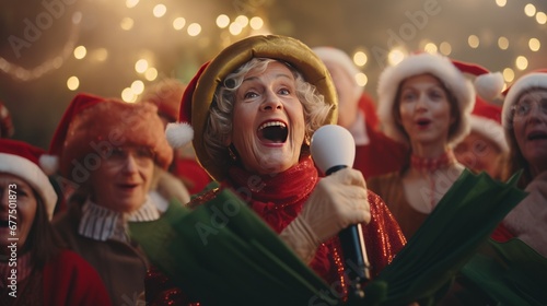 A group of carolers, with blurred faces, passionately singing Christmas carols, holding songbooks and microphones, against a backdrop of festive decorations. photo