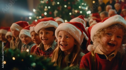 Joyful Christmas Morning A group of children in Santa hats, their faces aglow with excitement, gather around a brightly lit Christmas tree.