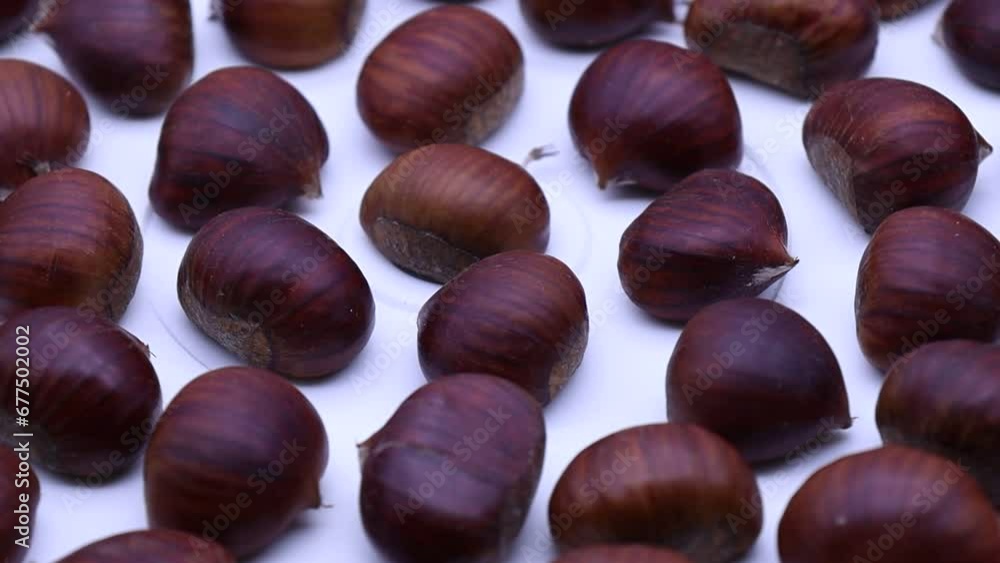 Raw chestnuts rotating on a turntable. Raw chestnuts rotating on a turntable.