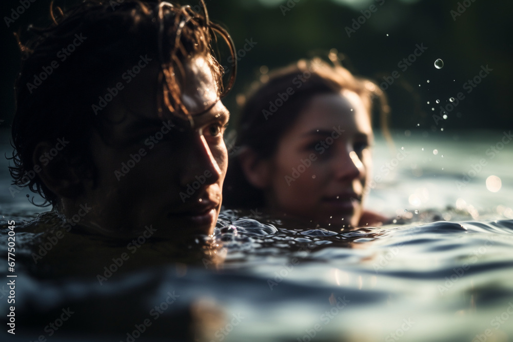 Fototapeta premium Shot of a young couple swimming together in a lake
