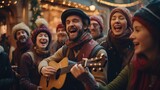  a group of people, bundled up in winter attire, gathered around a guitarist at a festive Christmas market, singing holiday tunes.