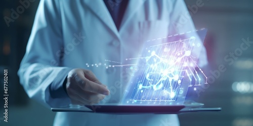 Medicine doctor holding electronic medical record on tablet. DNA. Digital healthcare and network connection on hologram virtual  interface, Science and innovative, Medical technology and,Generative AI