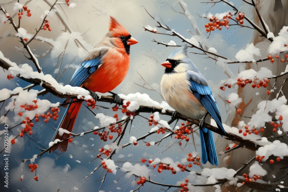 Winter Birds: Photograph birds such as cardinals, chickadees, and blue jays against a snowy backdrop. - Generative AI