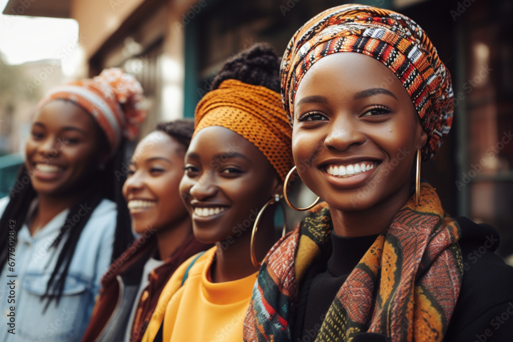 Side View Portrait of African girl friends group, gen z fashion and women stand together in urban community streets, Black girls trendy, edgy and support international modern street hipster designer - obrazy, fototapety, plakaty 