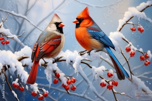 Winter Birds: Photograph birds such as cardinals, chickadees, and blue jays against a snowy backdrop. - Generative AI © Sidewaypics