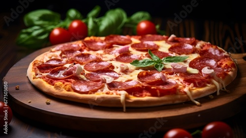 Italian Pepperoni pizza with salami on dark wooden background close up. Italian traditional food. Popular street food.