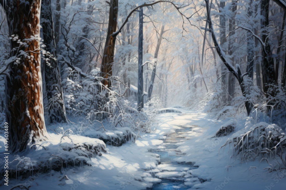 Snowy Forest Paths: Explore and photograph forest trails covered in snow, inviting viewers to imagine where the path leads. - Generative AI