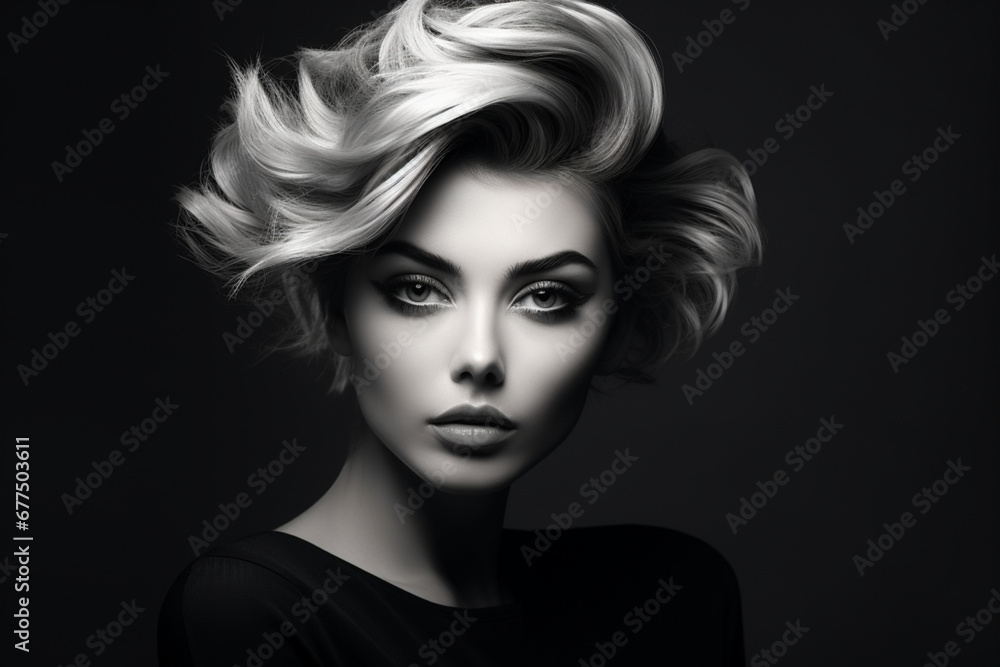 Studio shot of young beautiful woman, Professional make-up and hairstyle, Black and White