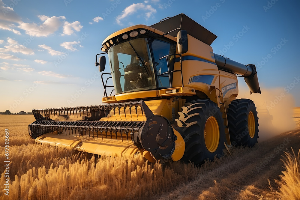 Fototapeta premium Combine harvester working on a wheat field at sunset. ia generated