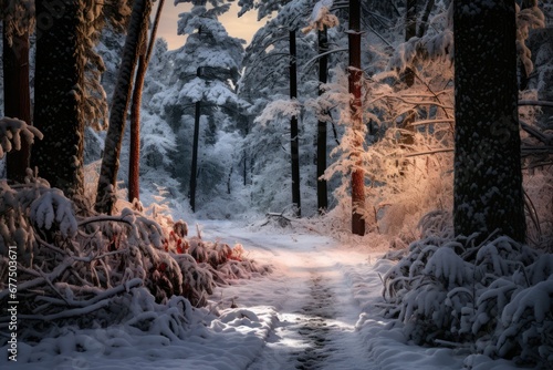 Snowy Forest Paths  Explore and photograph forest trails covered in snow  inviting viewers to imagine where the path leads. - Generative AI