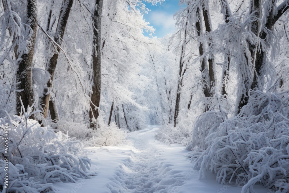 Snowy Forest Paths: Explore and photograph forest trails covered in snow, inviting viewers to imagine where the path leads. - Generative AI