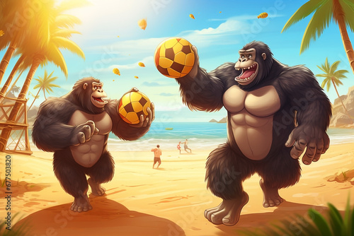 gorillas playing volleyball on the beach photo