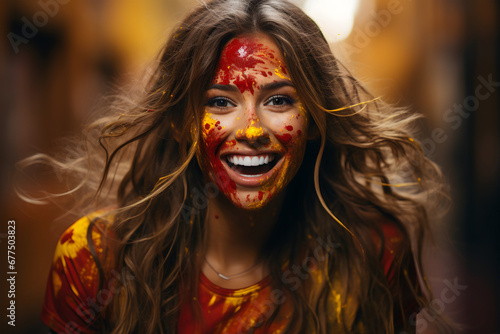 Beautiful young woman with bright makeup in the colors of the Spanish flag on her face. ia generative