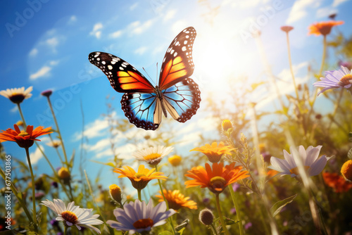 Colorful journey Butterfly elegantly soaring over vibrant blooms. AI Generative magic captures the vibrant charm and natural elegance of this scene.